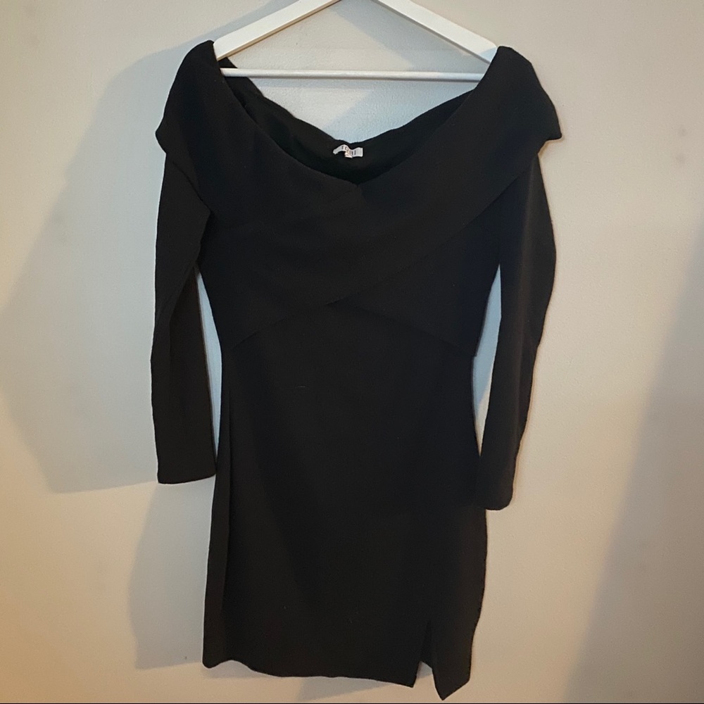 Tobi Dress Off Shoulder Wrap Front LBD Black Slit